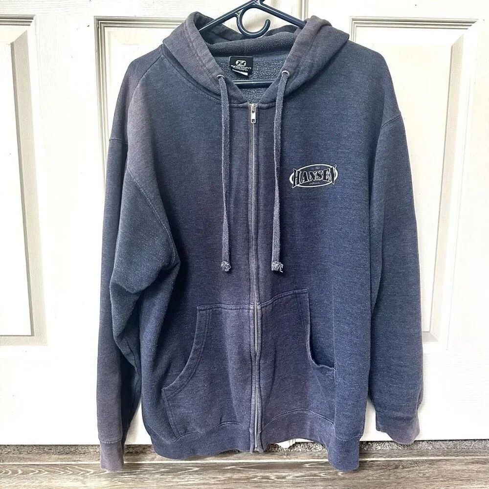 Hansen’s blue hooded sweatshirt